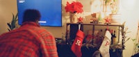 a man standing in front of a tv with christmas decorations