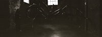 a black and white photo of a spider in a dark room