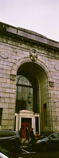 the entrance to a large building